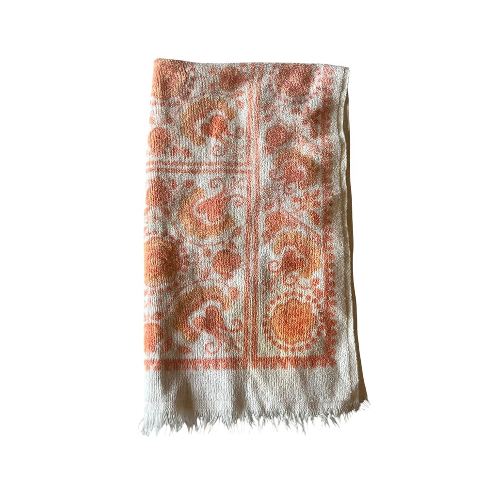 Vintage Royal Terry of California 1960s Hand Towel Orange Paisley Floral Fringe
